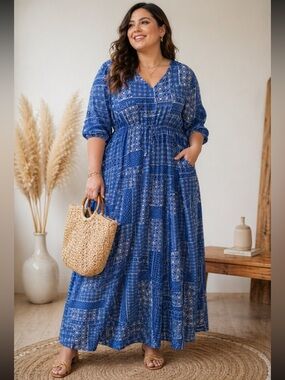 City Chic Blue Boho Maxi Dress XXL 24 Flowy Elastic Waist